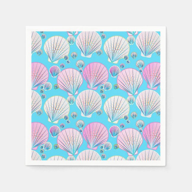 Serviette En Papier Coques de mer roses et blanches sur turquoise (Devant)