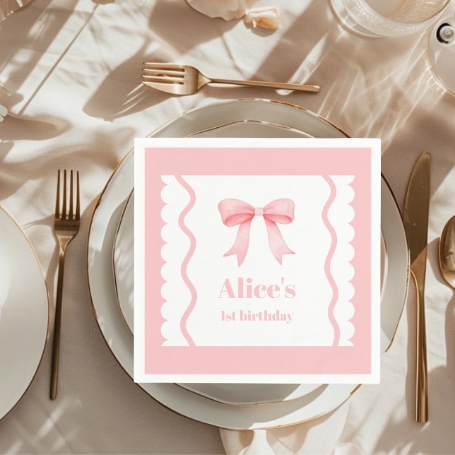 Serviette En Papier Coquette Aquarelle rose Bow 1er anniversaire (Créateur téléchargé)