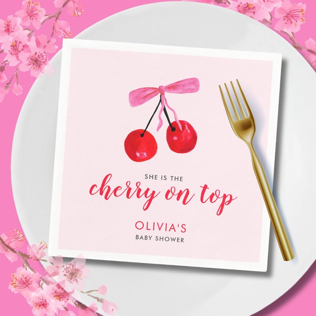 Serviette En Papier Coquette cerise sur le Baby shower Top Girls (Cherry on Top Baby Shower paper napkin with coquette cherries and pink ribbon bow)
