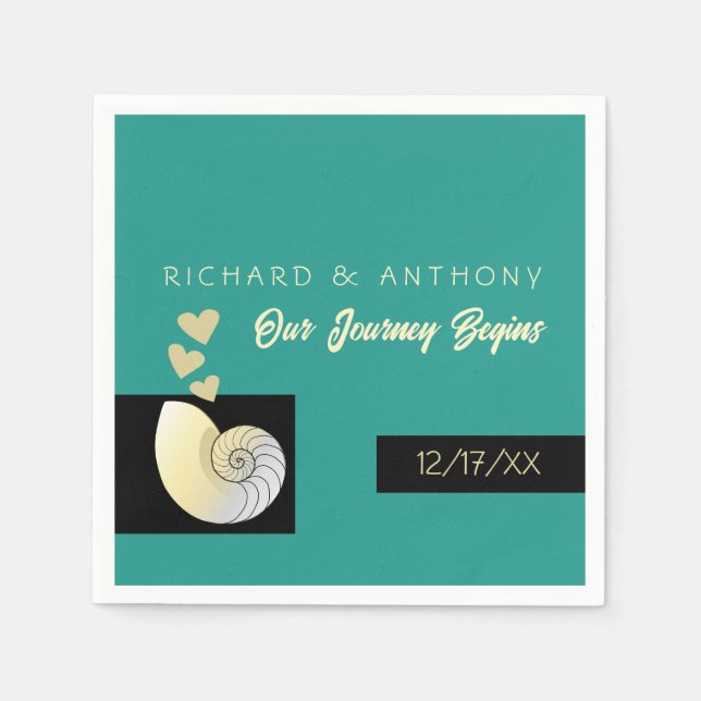 Serviette En Papier Coquillage et Coeurs, Mariage plage (Devant)