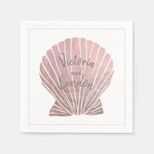 Serviette En Papier Coquillage métallique rose Argent Nom Plage Mariag