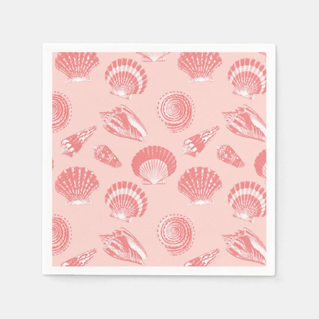 Serviette En Papier Coquillages - corail rose et blanc (Devant)