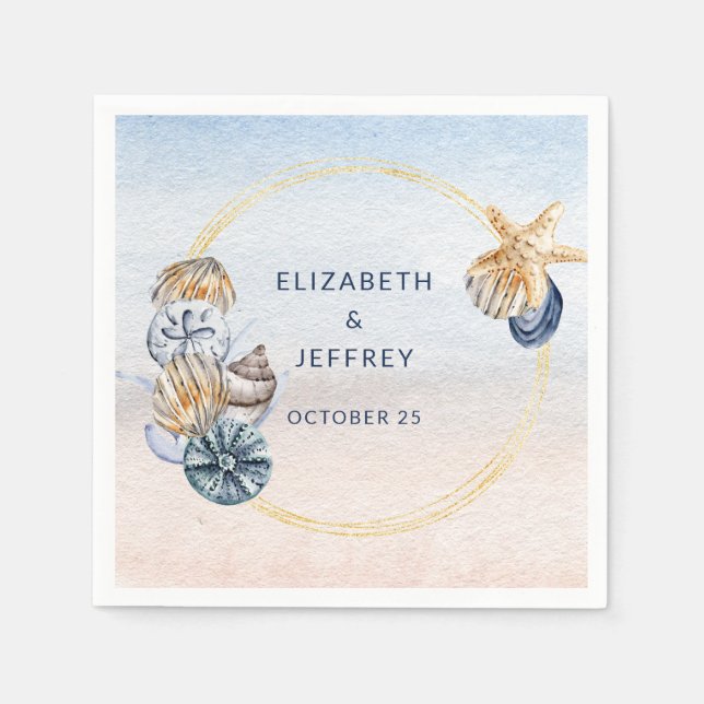 Serviette En Papier Coquillages Rustiques Océan Mer Eté Plage Mariage (Devant)