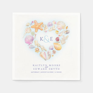 Serviette En Papier Coquilles de mer aquarelle coeur plage bleu