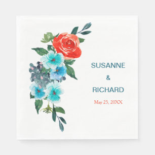 Serviette En Papier Corail et Aqua Floral Mariage