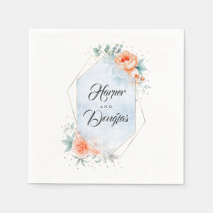 Serviette En Papier Corail vivant et Mariage floral bleu poussiéreux