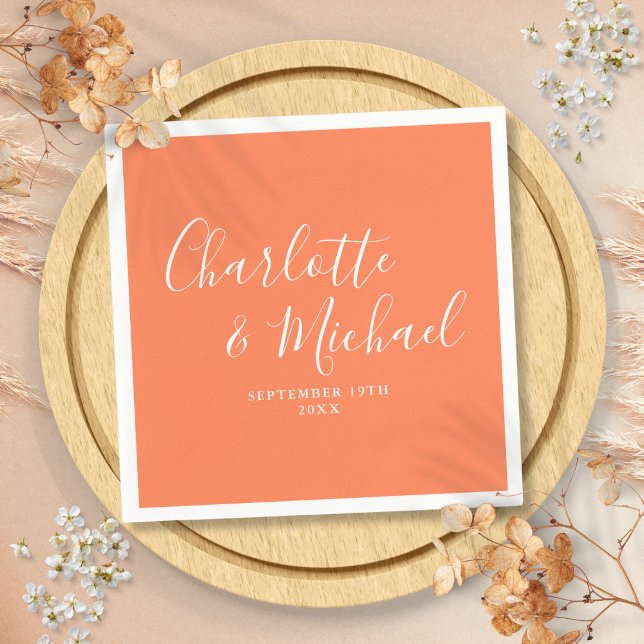 Serviette En Papier Coral Elegant Signature Mariage de script (Coral Elegant Signature Script Wedding Napkins)