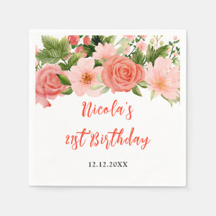 Serviette En Papier Coral Rose Rouge Fleurs Anniversaire