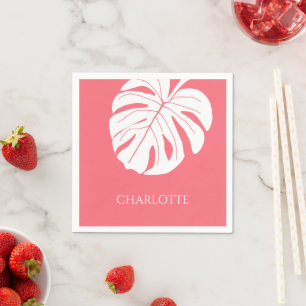 Serviette En Papier Coral rose Tropical Summer Palm Leaf Nom personnal
