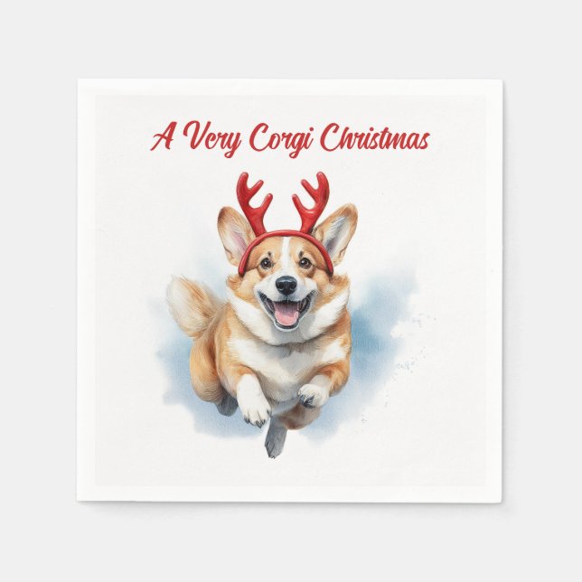 Serviette En Papier Corgi de Noël avec des bois de rennes bondissant (Devant)