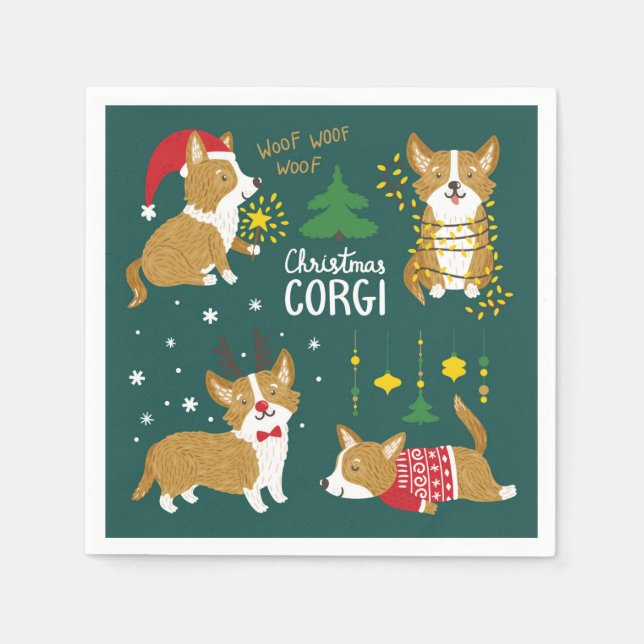 Serviette En Papier Corgi de Noël | Woof Woof Woof (Devant)