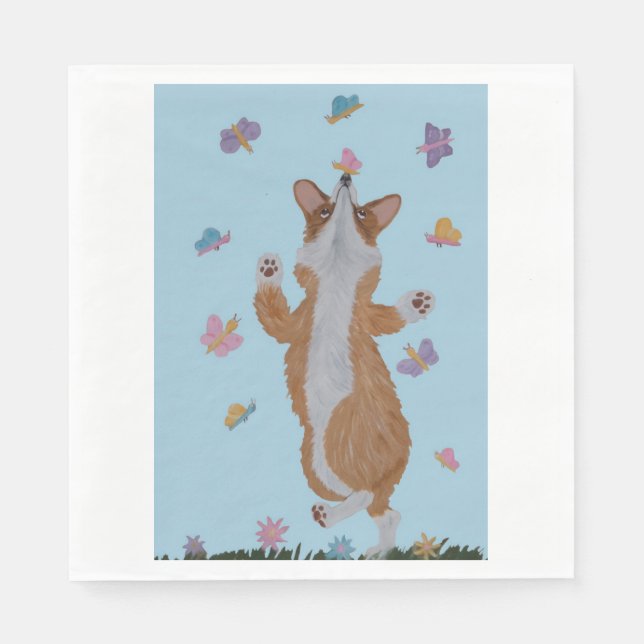 Serviette En Papier Corgi gallois dansant avec des papillons (Devant)