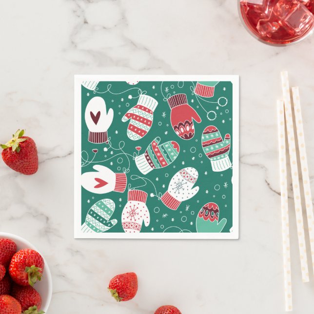 Serviette En Papier Cosy hiver Noël Mittens Motif en vert (En situation)