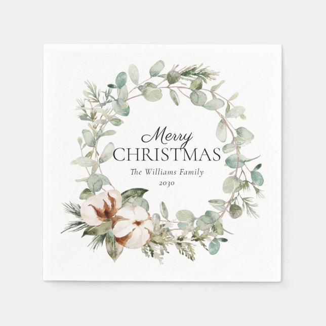 Serviette En Papier Coton hiver verdure Wreath Joyeux Noël (Devant)