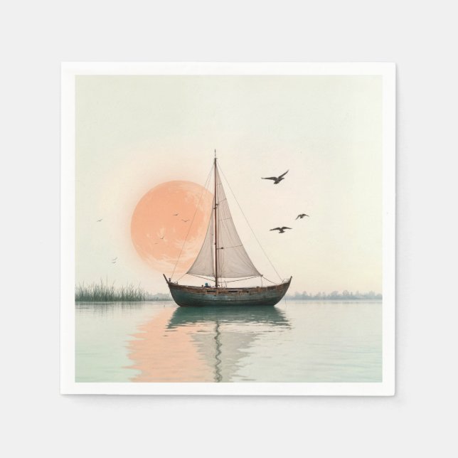 Serviette En Papier Coucher De Soleil De Bateau Avec Mouettes (Devant)