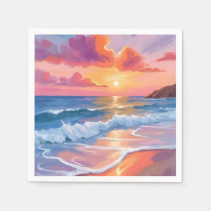 Serviette En Papier Coucher de soleil océan pastel Peinture de plage