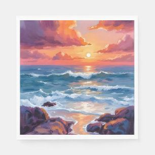 Serviette En Papier Coucher de soleil océanique doré Aquarelle Côtiè