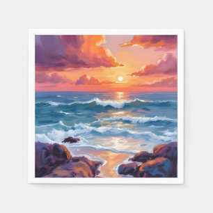 Serviette En Papier Coucher de soleil océanique doré Aquarelle Côtiè