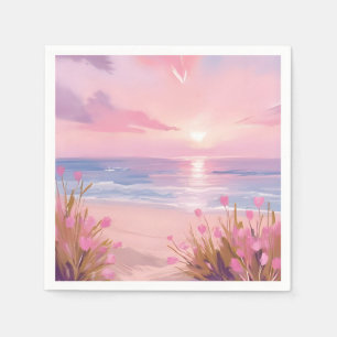 Serviette En Papier Coucher de soleil pastel sur la plage rose blush a