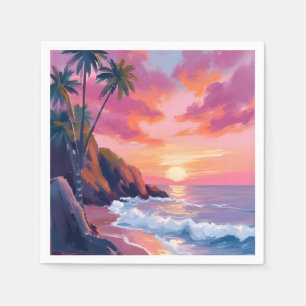 Serviette En Papier Coucher de soleil rose tropical océan aquarelle