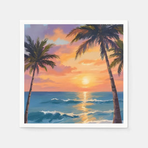 Serviette En Papier Coucher de soleil sur l'océan tropical Palmier Aqu