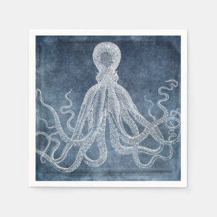 Serviette En Papier Couleur d'eau octopus bleu crémeux Vintage