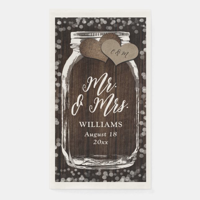 Serviette En Papier Country Grange Wood Mason Jar Mr & Mrs Mariage (Devant)