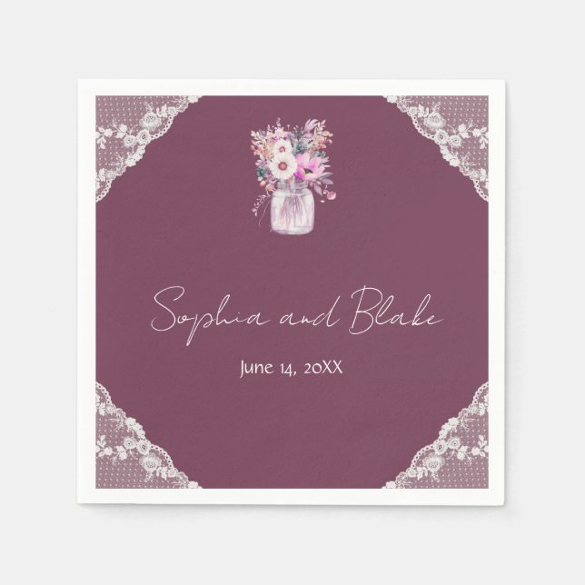 Serviette En Papier Country Lace Mason Jar Burgundy Mariage (Devant)
