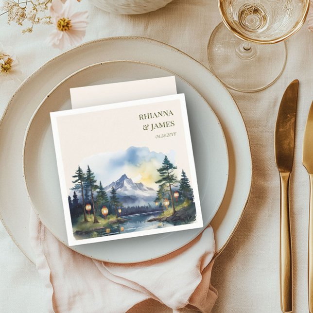 Serviette En Papier Country Lake Twilight Forest Mountain Mariage (Personalized napkins from the Country Lake wedding collection by Darling & May)