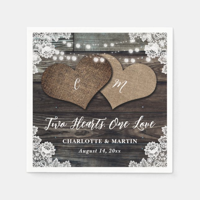 Serviette En Papier Country Wood Deux Coeurs Floral Lace Mariage (Devant)