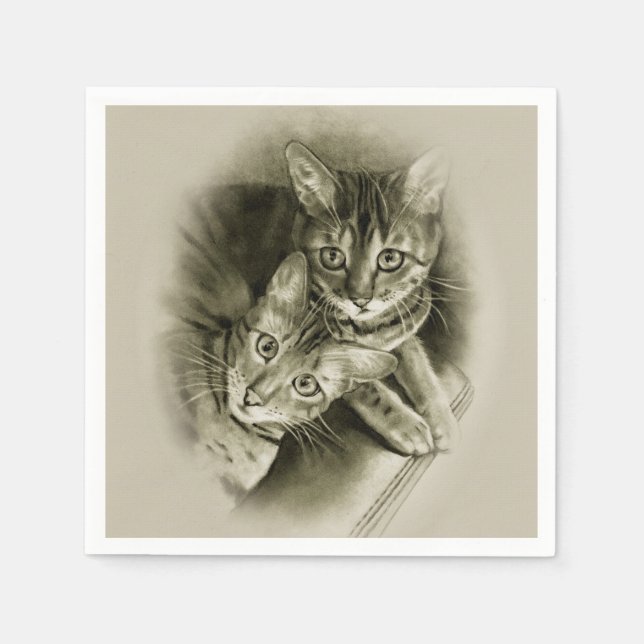 Serviette En Papier Couple de chat Bengale, dessin au crayon original (Devant)