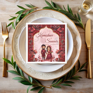 Serviette En Papier Couple de mariés indiens mignon dessin animé borde