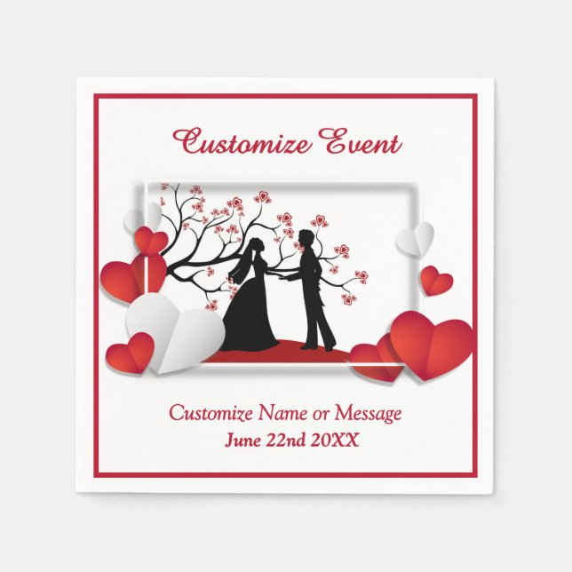 Serviette En Papier Couple Romantique Silhouette Cœurs Rouges Personna (Devant)