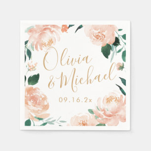 Serviette En Papier Couples noms aquarelle pêche mariage floral