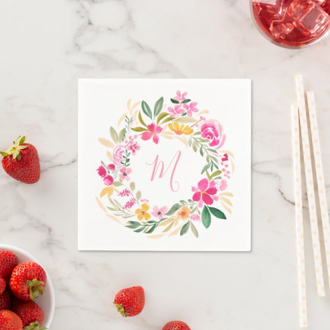 Serviette En Papier Courbe d'aquarelle florale monogramme moderne (En situation)