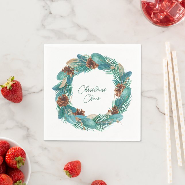 Serviette En Papier Courbe de Noël Turquoise Wreath (En situation)