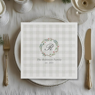 Serviette En Papier Couronne de baies d'hiver Initiale du nom de famil