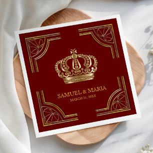 Serviette En Papier Couronne de mariage ornée rouge or élégante