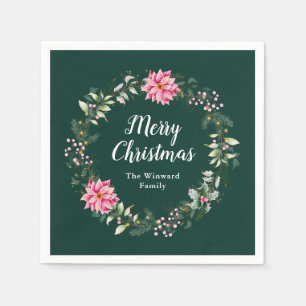 Serviette En Papier Couronne de Noël festive aux poinsettias roses Joy