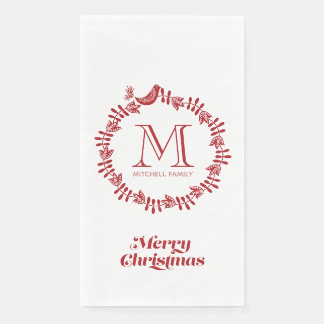 Serviette En Papier Couronne de Noël florale scandinave Monogramme (Devant)