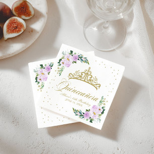 Serviette En Papier Couronne de Quinceanera Or Fleurs Violettes Lilas