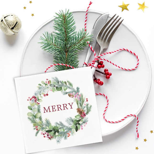 Serviette En Papier Couronne de verdure hivernale papier joyeux (Winter Greenery Wreath Merry Paper Napkins)