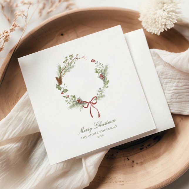 Serviette En Papier Couronne de verdure hivernale ruban rouge (Créateur téléchargé)