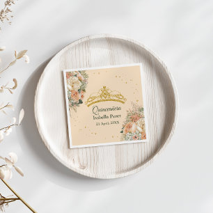 Serviette En Papier Couronne d'or et Fleurs Douces de Pêche pour Quinc