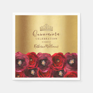 Serviette En Papier Couronne en or chic Quinceañera florale rose rouge
