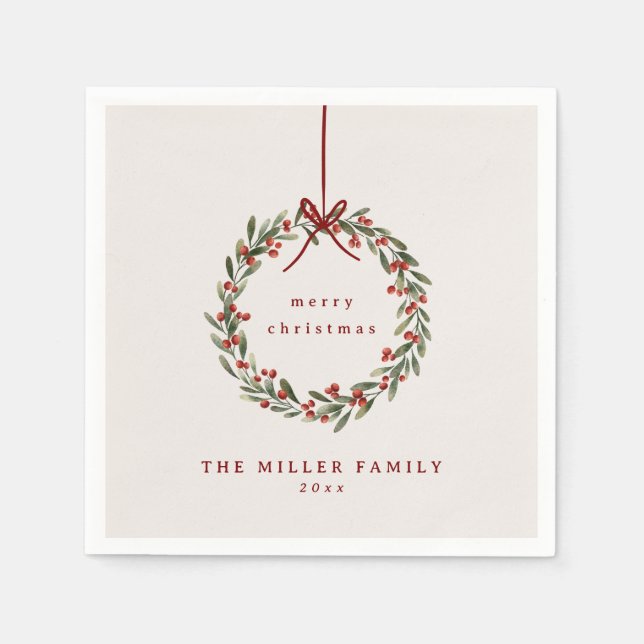 Serviette En Papier Couronne feuillage de Noël avec arc rouge (Devant)