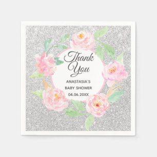 Serviette En Papier Couronne florale argent et rose pour un Baby Showe