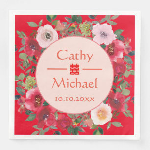 Serviette En Papier Couronne florale de cercle rouge mariage chinois m