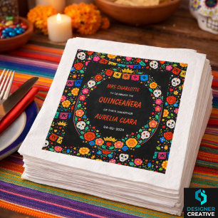 Serviette En Papier Couronne florale de fête mexicaine noire en or pou