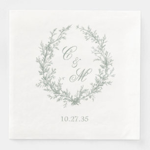 Serviette En Papier Couronne florale de monogramme vert sauge pour mar